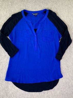 Express Women's Royal Blue and Black Raglan Henley Top Size Large